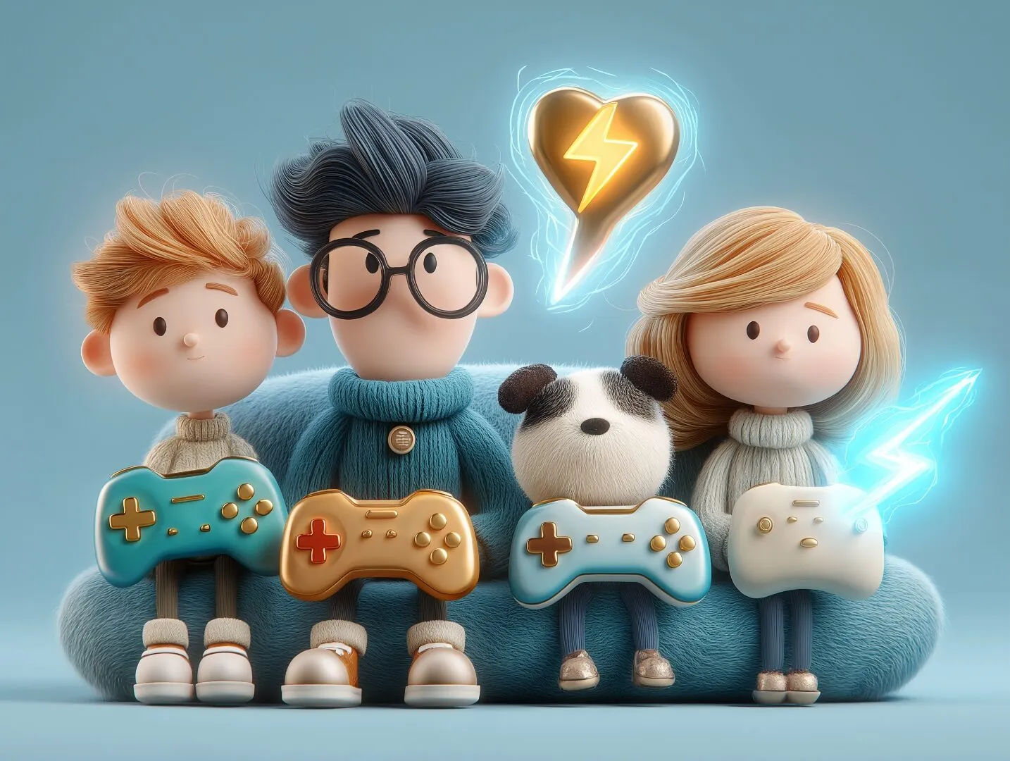 A family connecting over a game, a glowing heart between them